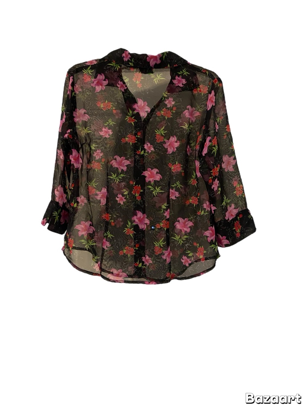 Apparenza Sheer Black Blouse with Pink Floral Print